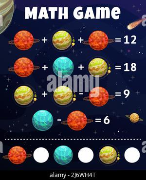 Mathe Spiel Arbeitsblatt, Galaxie Raum Planeten, Bildung Labyrinth. Cartoon-Vektor lernen Teaser zählen, pädagogische Puzzle für das Zählen und Mathematik Fähigkeiten Entwicklung. Rechenschaft Rätsel Aktivität für Kinder Stock Vektor