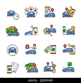 Car Share Service Farbe lineare Symbole von Carsharing und Autovermietung. Vektor-Piktogramme der Handy-App mit intelligenten Fahrzeugen, Führerschein, Schlüssel, Auto-Standort-Zeiger, Mietwagen und Carpool Stock Vektor