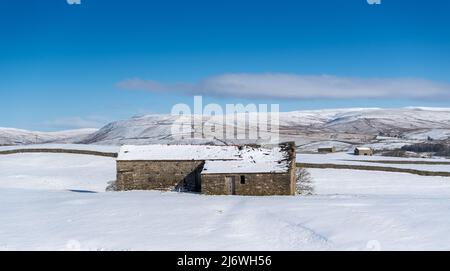 Traditionelle Steinhäuser in den Yorkshire Dales, mit Schnee bedeckt. Die Scheunen würden ursprünglich dazu verwendet, Heu und Vieh über den Winter zu halten. Hawes Stockfoto