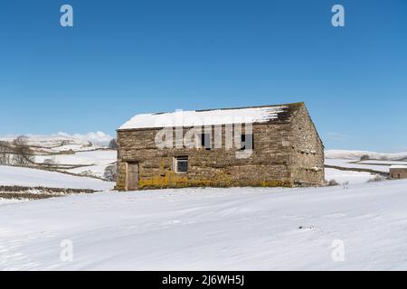 Traditionelle Steinhäuser in den Yorkshire Dales, mit Schnee bedeckt. Die Scheunen würden ursprünglich dazu verwendet, Heu und Vieh über den Winter zu halten. Hawes Stockfoto