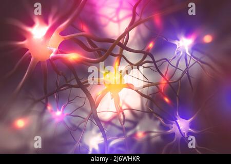 Gehirn. Elektrische Aktivität des menschlichen Gehirns. 3D Illustration der wissenschaftlichen Forschung an neuronalen Netzen Stockfoto