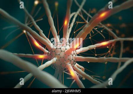 Neuronale Netzwerke. Nanotechnologie in der Untersuchung des menschlichen Gehirns. 3D Illustration zum Thema Künstliche Intelligenz Stockfoto