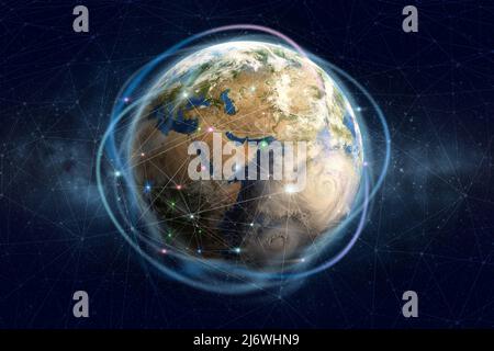 Blockchain-Technologie. Globales Informationsnetzwerk des Planeten Erde. Finanz- und Kommunikationssicherheit. Elemente dieses Bildes, die von der NASA eingerichtet wurden Stockfoto