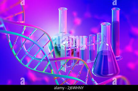Labor, wissenschaftliche Forschung. Chemie, Reagenzgläser und Kolben. DNA 3D-Illustration auf einem violett-neonfarbenen Hintergrund Stockfoto
