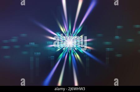 Digitale Technologie. Künstliche Intelligenz und Welt der Zukunft. Farbspektrum des Big Bang. Globale Daten und dezentrales Netzwerk 3D Illustration Stockfoto