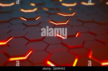 Futuristischer Hintergrund mit flammenden Sechsecken. Abstraktes Konzept der Technologie Blockchain. 3D Abbildung Stockfoto