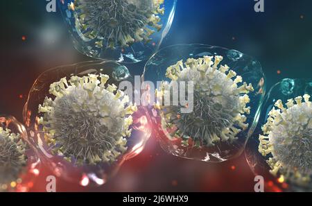 Virus in der Zelle. Replikation und Mutation von Viren. Makro 3D-Abbildung. Mikrobiologie und Virologie als Wissenschaft der Zukunft Stockfoto