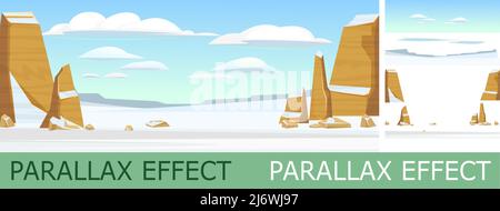 Felsige Klippen. Verschneite Wüste mit Parallax-Effekt. Wüstenlandschaft mit Steinen. Illustration im Cartoon-Stil flache Design. Horizontale Kompositi Stock Vektor