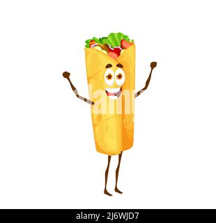 Shawarma Zeichentrickfigur. Lustige Vektor Burrito, Rolle oder Döner Kebab Fast-Food-Persönlichkeit gefüllt mit Salat, Fleisch und Tomaten. Mexikanischer Tex Mex Snack mit großen Augen, lächelndem Gesicht und winkenden Armen Stock Vektor