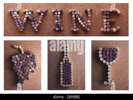 Collage aus Weinkorken, Flasche, Trauben, Glas Wort Wein Stockfoto