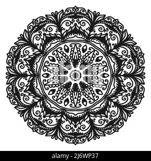 Kreisförmiges Muster eines Mandalas für Henna. Dekoratives schwarzes Ornament auf weißem Hintergrund. Antistress Malbuch Seite. Stock Vektor