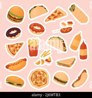 Fast-Food-Restaurant-Menü Sticker Pack Set Vektor-Illustration. Cartoon lecker Fastfood Mahlzeit Aufkleber mit leckeren Hot Dog Sandwich Hamburger Taco Pizza Donut französisch Pommes Frites Cheeseburger isoliert Stock Vektor