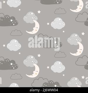 Niedliche Wolken und Mond Nahtloses Muster beige Vektor Hintergrund Stock Vektor
