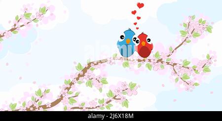 eps-Vektorfeile mit verliebten roten und blauen Vögeln, die auf einer Schnur sitzen, Äste mit Blüten und grünen Blättern im Frühling, fliegende Herzen, Stock Vektor
