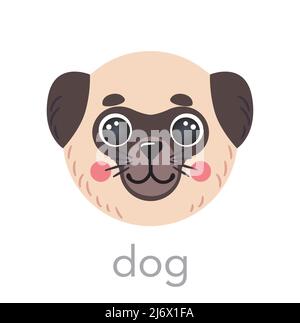 Niedlicher Hund Mops Portrait Avatar mit Name Text Lächeln Kopf Cartoon runde Form Tiergesicht, isolierte Vektor-Symbol-Illustrationen auf weiß. Flaches, einfaches handgezeichnetes Poster für Kinder, T-Shirts, Babykleidung Stock Vektor