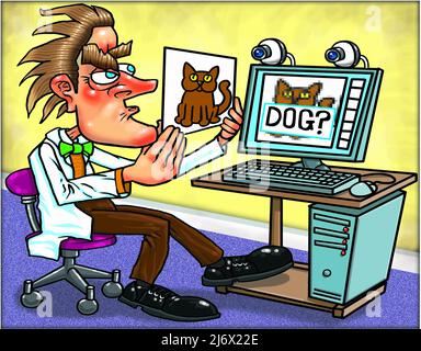 Lustige Konzeptkunst: Wissenschaftler zeigt Computer ein Bild einer Katze, die er für einen Hund hält, der Probleme mit biometrischer Gesichtserkennungssoftware illustriert Stockfoto