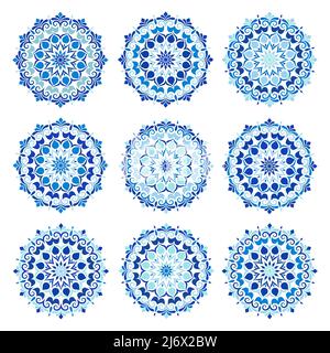 Mandalas in blauer Farbe. Ein kompliziertes Mandala-Vektor-Muster Stock Vektor