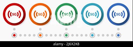 5G Internet Konzept Vektor Icon Set, Infografik Vorlage, flaches Design bunte Web-Tasten in 5 Farboptionen Stock Vektor