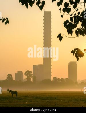 Nebliger Morgen Mit Blick Auf Hochhäuser. Selektiver Fokus wird verwendet. Stockfoto