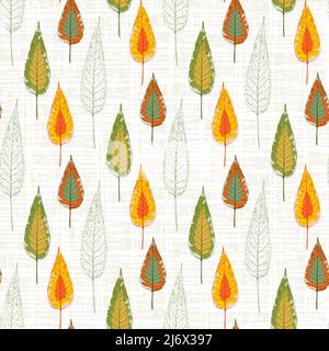 Abstrakt chokecherry Baum Blatt Vektor nahtlose Muster Hintergrund. Stilisierte Herbstfarben im Laubhintergrund auf einer gemischten Leinwandstruktur. Vertikal botanisch Stock Vektor