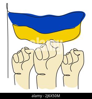 Vektor-Illustration mit Händen, Faust, ukrainische Flagge in traditionellen Farben. Vektor-Illustration globale Politik, KEIN KRIEG, Aggression Problembild in Stock Vektor