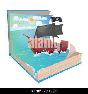 Illustration eines Schiffes, das zu einer Insel im Meer reist, in einem offenen Buch Stock Vektor