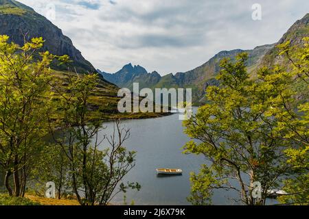 Die malerische Küste des Gebirgssees von Norwegen in der Nähe der Lofoten-Inseln, Fischerboote, die Hänge der Berge mit grünem Gras bedeckt sind Stockfoto