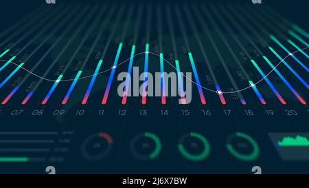 Dashboard-Infografik Big Data-Visualisierung, binäre Option, perspektivischer Monitor, Statistiken und Darstellung der Marktanalyse Stockfoto