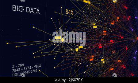 Big-Data-Informationsknoten, Informationsanalyse und Sortierung neuronaler Verbindungen, wissenschaftliche Visualisierung digitaler Netzwerke, Monitorbildschirm in pe Stockfoto