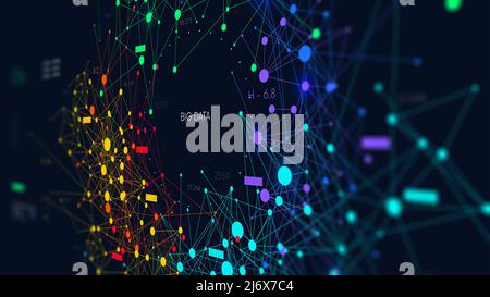 Digitale Visualisierung Informationsnetze fließen, analysieren und sortieren finanzielle Big Data, abstrakte Farb-Infografiken, Illustration, Monitor-Bildschirm Stockfoto