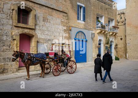 Ein Karozzin-Fahrer, der geschäftlich wirbt und von Touristen in Mdina, Malta, ignoriert wird Stockfoto