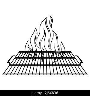 Abbildung des Stahlgrills mit Feuer. Stilisierte bbq Küche und Restaurant Utensil. Stock Vektor