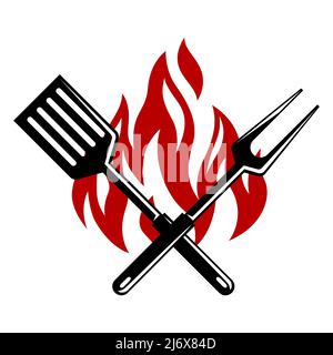 BBQ-Illustration mit Feuer, Spachtel und Gabel. Stilisierte Küche- und Restaurantmenüs. Stock Vektor
