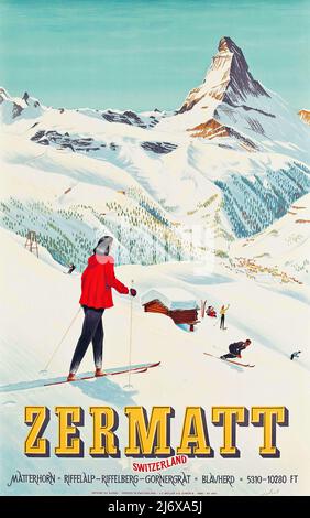 Vintage 1930s Zermatt Ski-Plakat mit Matterhorn hinter der Schweiz der 30er Jahre Stockfoto