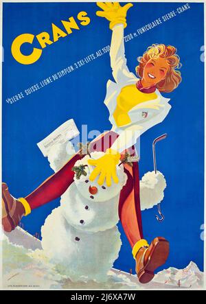 Vintage 1940s Winter Sport Poster – Retro Style, Skifahren: Crans 1946. Sierre, Suisse, Ligne du Simplon Stockfoto