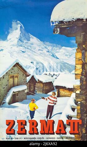 Vintage 1950s Travel Poster - Schweiz - zwei Skifahrerinnen neben Ski-Chalets. Stockfoto