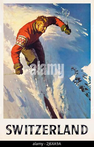 Vintage 1950s Reiseposter - Schweiz - Pulverschnee Stockfoto