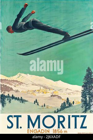 Vintage 1930s Swiss Ski Poster - Engadin - St. Moritz Stockfoto