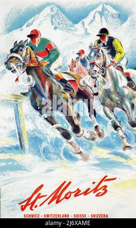 Vintage St. Moritz Reiseposter 1952. Pferderennen (White Turf,) feat. Pferde mit Jockeys im Schnee. Schweiz, Schweiz. Stockfoto