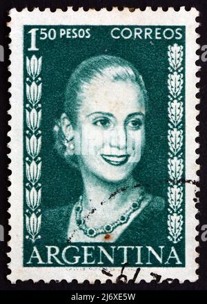 Argentinien - ca. 1952: einen Stempel in die Argentinien gedruckt zeigt Maria Eva Duarte de Perón, First Lady von Argentinien, ca. 1952 Stockfoto