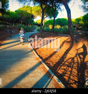 Eine Frau fährt mit dem Fahrrad auf einem Holzweg durch den Sand am Strand von Isla Cristina Stockfoto