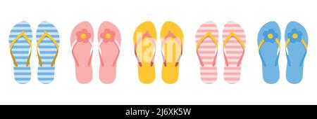 Set aus bunten Flip-Flops Sommerkollektion Bademode mit Blume Stock Vektor