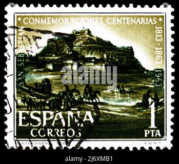 MOSKAU, RUSSLAND - 27. MÄRZ 2022: In Spanien gedruckte Briefmarke zum 150.. Jahrestag von San Sebastian, Serie, um 1963 Stockfoto