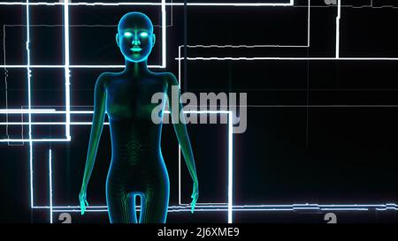 Künstliche Intelligenz in Form eines digitalen Drahtgusenkörpers (3D Rendering) Stockfoto