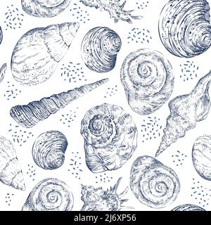 Nahtloses Muster aus marineblauen Muscheln auf weißem Hintergrund. Meereskulisse. Handgezeichnete Vektorgrafik. Für Einladungen, Karten, Poster, Print, banne Stock Vektor