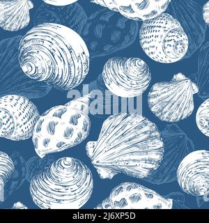 Nahtloses Muster aus weißen Muscheln auf marineblauem Hintergrund. Meereskulisse. Handgezeichnete Vektorgrafik. Für Einladungen, Karten, Poster, Print, banne Stock Vektor