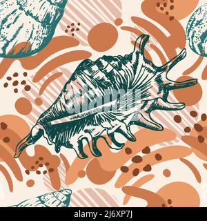 Nahtloses Musterung aus Muscheln. Meereshintergrund. Handgezeichnete Vektorgrafik. Für Einladungen und Karten, Poster, Print, Banner, Werbung, tex Stock Vektor