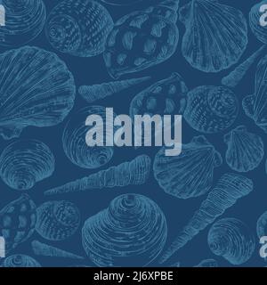Nahtloses Muster aus blauen Muschelschalen auf marineblauem Hintergrund. Meereskulisse. Handgezeichnete Vektorgrafik. Für Einladungen, Karten, Poster, Print, Banner Stock Vektor
