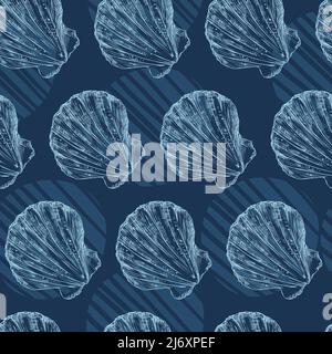 Nahtloses Muster aus blauen Muschelschalen auf marineblauem Hintergrund. Meereskulisse. Handgezeichnete Vektorgrafik. Für Einladungen, Karten, Poster, Print, Banner Stock Vektor