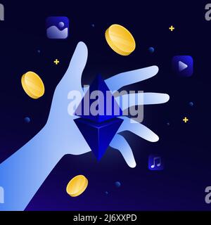 Kreative Isometrische Illustration. Digitale Inhalte, Goldene Münzen, Geometrische Formen, Hand . Vektorgrafik Stock Vektor